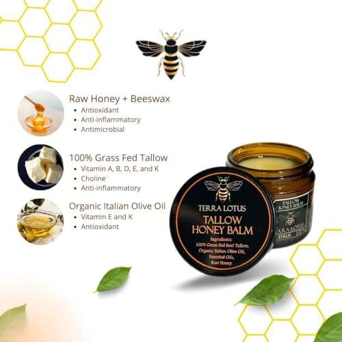 Terra Lotus - Organic Grass-Fed Beef Tallow Balm with Raw Honey - Moisturizing Cream for Soft, Smooth Skin - Handmade All-Natural Moisturizer (2 Oz, Unscented) 2