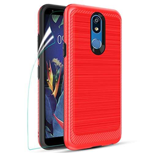 IRUNME Compatible with LG K40 Case,LG K40 Phone Case,LG Solo LTE/LG K12 Plus/LG X4 2019/LG LMX420 Phone Case with Screen Protector,Carbon Fiber Brushed Texture for Girls/Women-Red 1