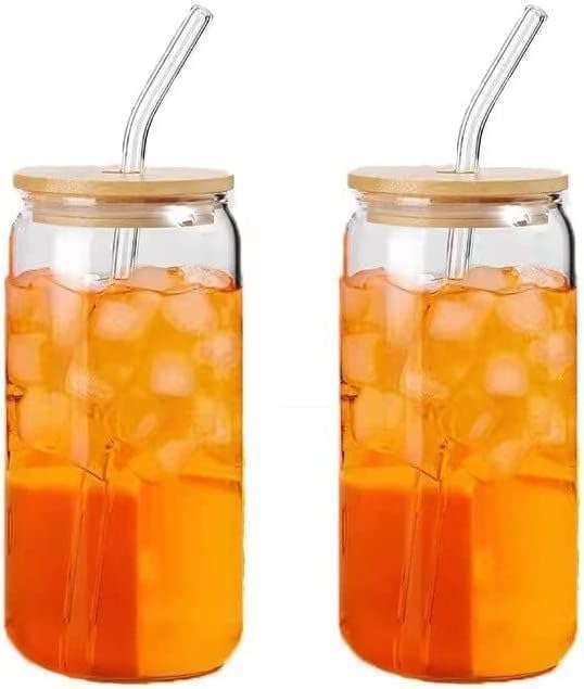 MORDERA Glass Fruit Juice Milk Sipper Tumbler Mug with Lid and Glass Straw - 550ml - Pack of 2 - Tea and Coffee Cup Can Set 1