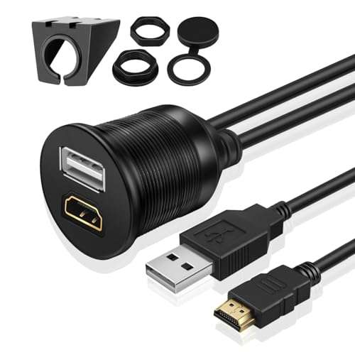 TNP USB HDMI Flush Mount Cable - Dashboard Panel Dash Mount USB + HDMI Port Socket Jack Plug Water Resistant Connector Extension Wire Cord for Car Truck Trailer Boat Motorcycle & More (1.8M / 6FT) 1