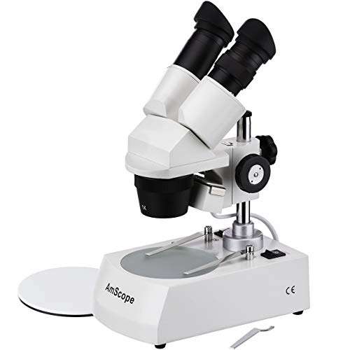 AmScope SE305-P Binocular Stereo Microscope, WF10x Eyepieces, 10X and 30X Magnification, 1X and 3X Objectives, Upper and Lower Halogen Lighting, Reversible Black/White Stage Plate, Pillar Stand, 120V 1