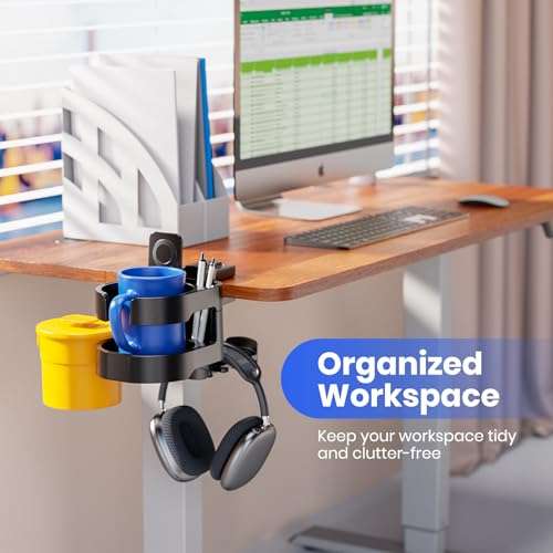 7-in-1 Desk Cup Holder - EURPMASK Organizer with Headphone, Controller Holder, Snack Bucket, and Phone Holder, Clamp-On Desk Accessory with Sturdy Large Storage, Easy to Install, Black 5