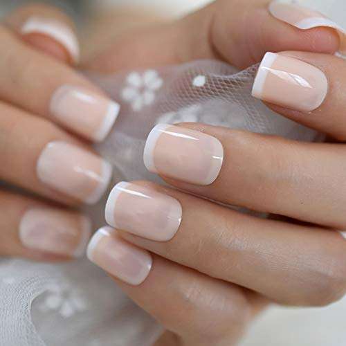 Beige French Nails White Tip Squoval False Nails Short Medium Size Ladies Artificial Manicure Tips for Daily Wear 2