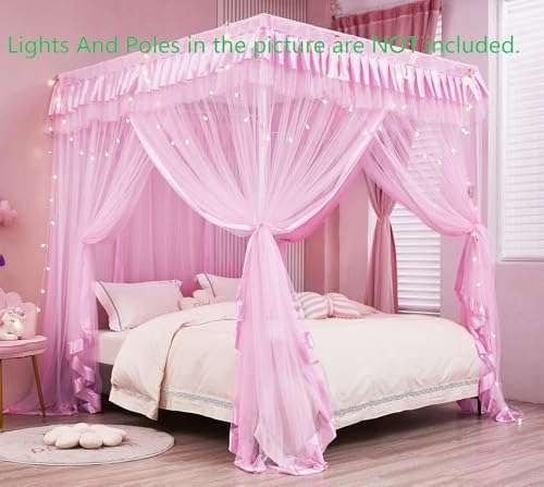 Mengersi Bed Canopy for Girls,Canopy Bed Curtains Canopy for Bed Drapes,Princess Bed Curtains Birthday Present Girls Room Decor,Pink 6