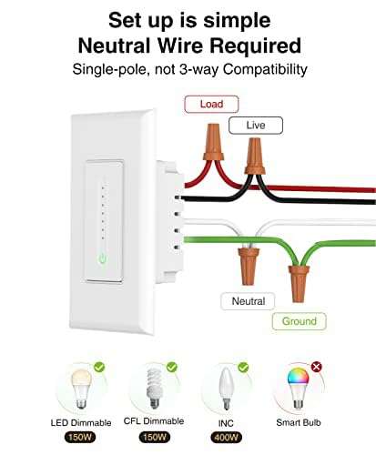 GHome Smart Smart Dimmer Switch Work with Alexa Google Home, Neutral Wire Required 2.4GHz Wi-Fi Switch for Dimming LED CFL INC Light Bulbs, Single Pole, UL Certified, No Hub Required, 1Pack 6