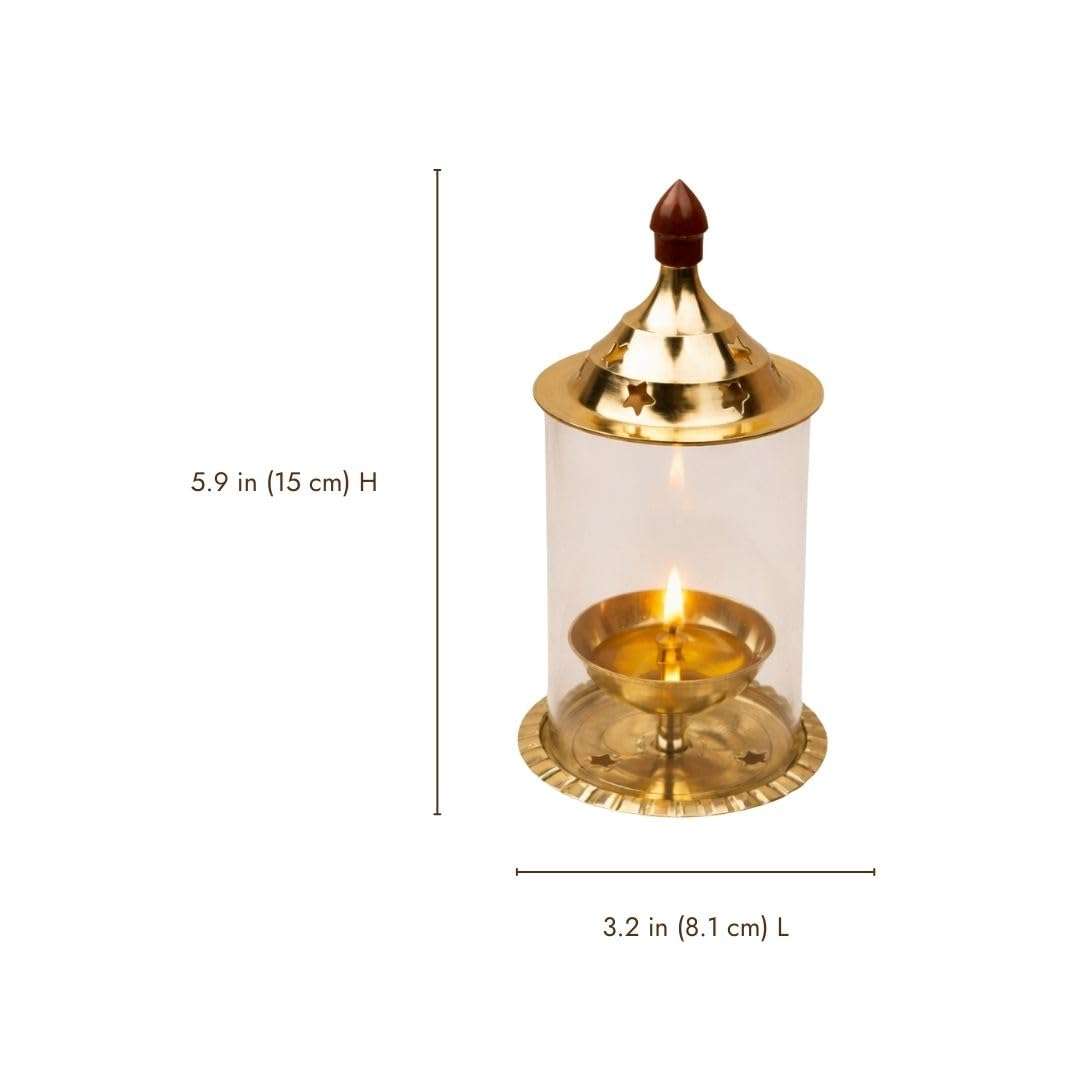 ServDharm Brass Akhand Diya with Borosilicate Glass Cover | Medium | 5.9" | 14.9 cm 5
