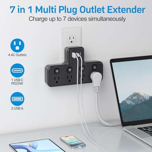 Multi Plug Outlet Extender, Surge Protector Power Strip, AC Outlets Extender with USB Charger(1 PD20W USB C) PASSUS Power Strips Surge Protection for Home Office DormRoom 5
