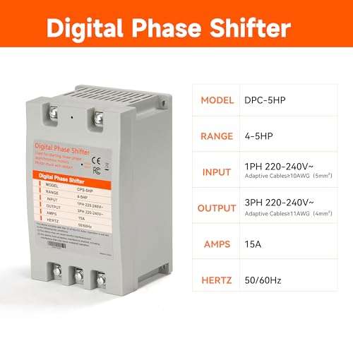 YMYP Single Phase to 3 Phase Converter - 5HP 15A 220V, Digital Phase Shifter for Residential and Light Commercial Use, 220V-240V Input/Output (One Converter for One Motor Only) 6