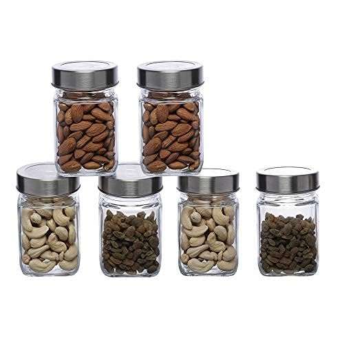 SIMPARTE Glass Jar Barni 310ml Transparent Square Container Set of 6 with Airtight Steel Lid for Kitchen Pantry Storage of Spices, Masala, Pickles, Cookies, Dry Fruits, Coffee Beans & Snacks 1