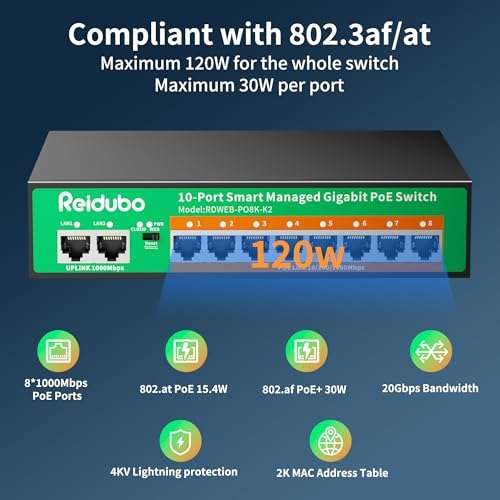 10-Port Gigabit Managed PoE Switch, 8 PoE+ Ports@120W with 2 Gigabit Uplink, IEEE802.3af/at, VLAN, PoE Scheduler, Fanless, Plug and Play, Sturdy Metal Ethernet Switch 3