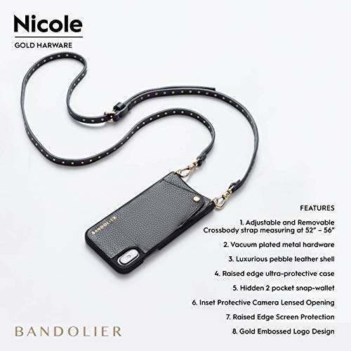 Bandolier Nicole Crossbody Phone Case and Wallet - Black Leather with Gold Detail - Compatible with iPhone 8 Plus, 7 Plus, 6 Plus, 6s Plus Only 3