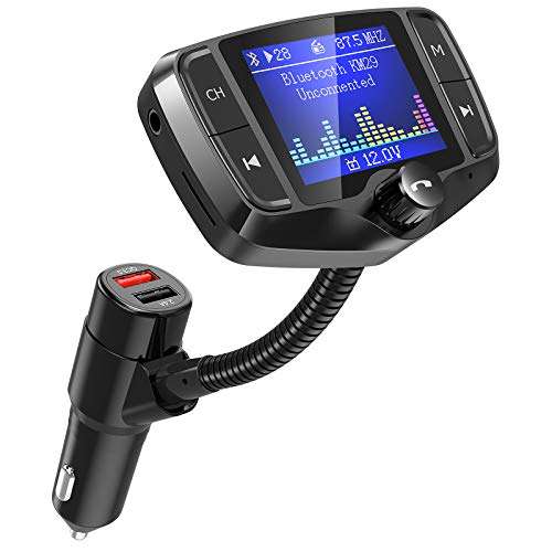 Nulaxy Bluetooth FM Transmitter, Wireless Radio Adapter Hands-Free Car Kit with 1.8 Inch Display, QC 3.0 & 5V/2.4A, USB Drive & SD Card Aux in & Out 1