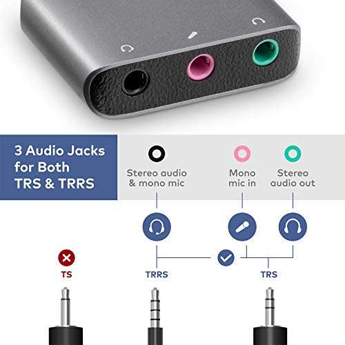TROND External Sound Card USB Audio Adapter, Durable Aluminum Housing, Flexible Nylon Braided Cable, USB Type A to 3.5mm TRS & TRRS Aux Jacks, Space Gray 4