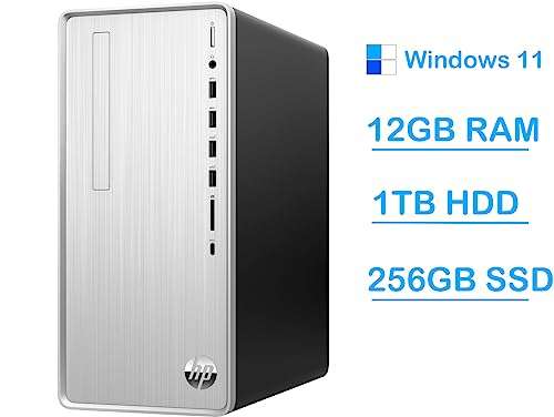 HP Pavilion Desktop, AMD Ryzen 5 5600G, 12GB RAM, 1TB HDD, 256GB SSD, Windows 11 Pro, HDMI, Wi-Fi 5, Bluetooth, USB Ports, Natural Silver, PCM 2