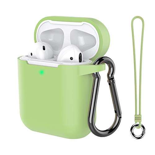 Airpods Case, Music tracker Protective Thicken Airpods Cover Soft Silicone Chargeable Headphone Case with Anti-Lost Carabiner for Apple Airpods 1&2 Charging Case (Matcha Green) 1
