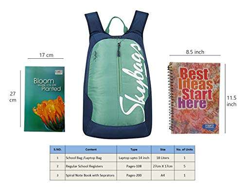 MaBelle BOHO 04 SKYBAG Trendy Design 18L School/College Bag Combo with 1 Single Line Spiral Binding 200 Pages Notebook & 5 Register (108 Pages) ,-01 Set/Premium Materials - Green 2