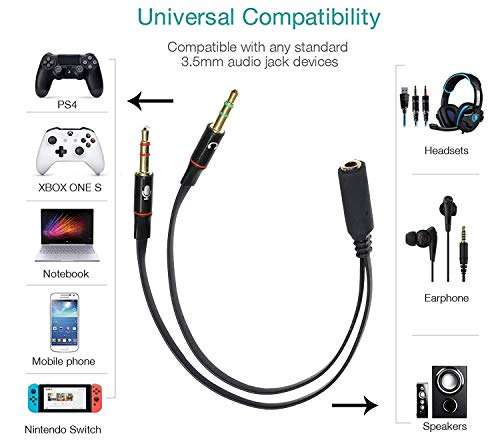 LUZWE? 3.5mm Female to 2 Dual Male Microphone Audio Stereo Jack Earphones Port for Gaming Speaker PC Adapter, 3.5mm Spiliter Mic Cable for Computer, Laptop, PC, CPU and More Devices 6