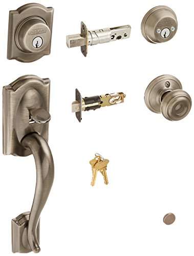 SCHLAGE F62CAM620GEO Camelot Handleset Keyed 2-Sides with Georgian Knob, Antique Pewter 1