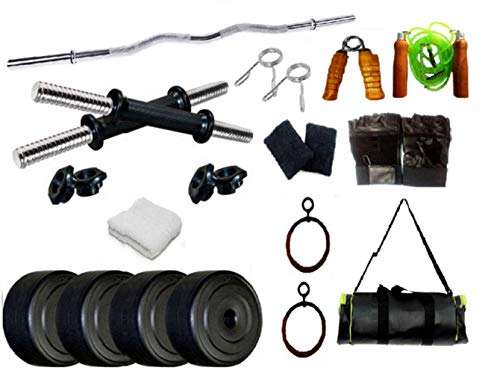 Spanco Home Gym with 22 Kg. P.V.C Weight Plates (3 Kg. X 4 = 12 Kg. + 2.5 Kg. X 4 = 10 Kg.), Curl Rod, Dumbell Rods & 7 Accessories for Fitness, Weight Lifting, Body Shaping & Body Toning