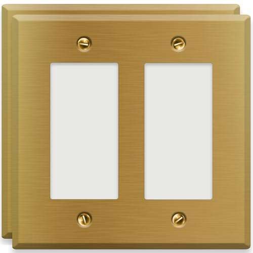 Satin Brass Rocker Switch Wall Plate, 1-Gang, Standard Size, Heavy-Duty Metal, GFCI/Rocker Outlet Cover, UL Listed Decorative Light Switch Cover, Made in USA, Screw Mount, Satin Finish (2, 2-Gang) 1