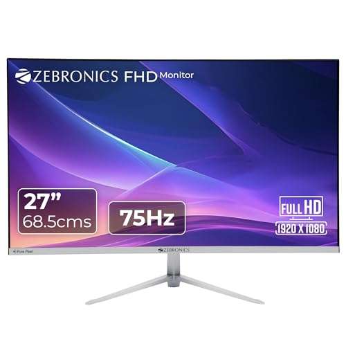 ZEBRONICS A27FHD LED Monitor, 27 inch (68.58cm), 250 nits, 75hz, Slim Design, FHD, 1080p, Wall Mountable, VGA, HDMI, Ultra Slim Bezel, Metal Stand, Built-in Speakers, Widescreen Monitor 1