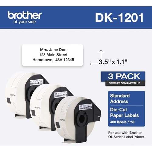Brother Genuine DK-1201 Die-Cut Standard Address Labels – Long Lasting Reliability, Die-Cut Standard Address Paper Labels, 1.14” x 3.5” Individual Label Size, 400 Labels per Roll, (1) Roll per Box 3