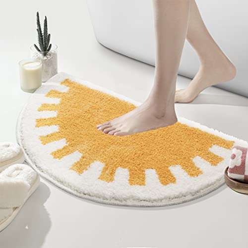 TRUEDAYS Bathroom Rugs Sets 2 Piece Water Absorbent Non Slip Yellow Boho Bath Mat Soft Cute Half Circle Bathroom Mat Washable Fluffy Bohemian Sun Bath Rug Set 3