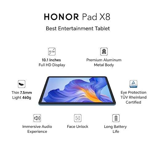 HONOR Pad X8 with Free Flip-Cover, 25.65cm (10.1 inch) FHD Display, 4GB RAM 64GB ROM, Mediatek MT8786, Android 12, TUV Rheinland Certified Eye Protection, Up to 14 Hours Battery WiFi Tablet, Blue Hour 2