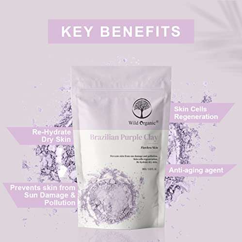 Wild Organic Brazilian Purple Clay Powder Flawless Skin Clay, Skin Cells Regeneration, Re-Hydrate Dry Skin, Prevent Skin From Sun Damage and Pollution. For Men & Women 100gm 2