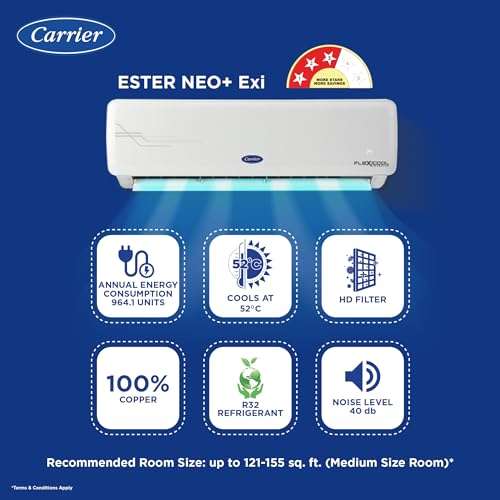 Carrier 1.5 Ton 3 Star AI Flexicool Inverter Split AC (Copper, Convertible 6-in-1 Cooling,High Density Filter, Auto Cleanser, 2024 Model,ESTER NEO Exi+, CAI18ER3R34F0,White) 2