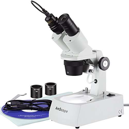 AmScope SE306R-AZ-E Digital Forward-Mounted Binocular Stereo Microscope, WF10x and WF20x Eyepieces, 20X/40X/80X Magnification, 2X and 4X Objectives, Upper and Lower Halogen Lighting, Reversible Black/White Stage Plate, Arm Stand, 120V, Includes 0.3MP Camera and Software 1