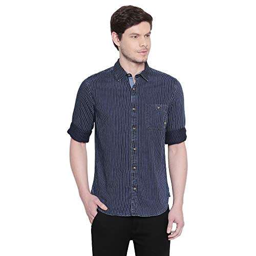 Mufti Men's Striped Slim Fit Shirt (MFS-10693-J-97- Indigo XL) 1