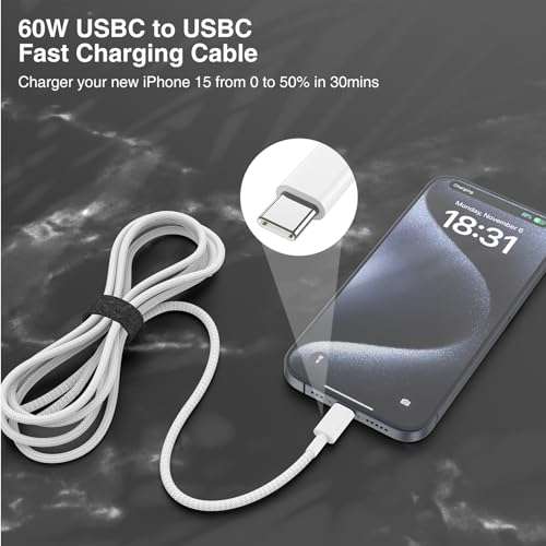 USB C to USB C Cable 10FT for iPhone 15, 60W Type C Charger Fast Charging Cord for iPhone 15 Plus/15 Pro Max/15 Pro/Samsung Galaxy S24 S23 S22, iPad Pro/Air/Mini, Long Braided USBC Android Charger 2
