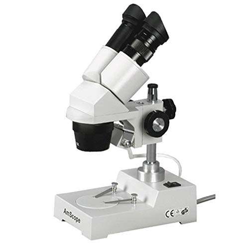 AmScope SE304-P Binocular Stereo Microscope, WF10x Eyepieces, 20X and 40X Magnification, 2X and 4X Objectives, Tungsten Lighting, Reversible Black/White Stage Plate, Pillar Stand, 110V 1
