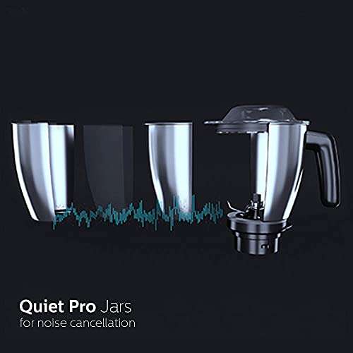 PHILIPS HL7777/00 Mixer Grinder, 750W, 4 Jars, Smart One-Touch Mode, 50%* Reduction in sound power, Digital Interface, Intelli-speed Technology for Pre-Set cooking, Soft Sound Technology, Metallic Silver and Bold Black, Large 5