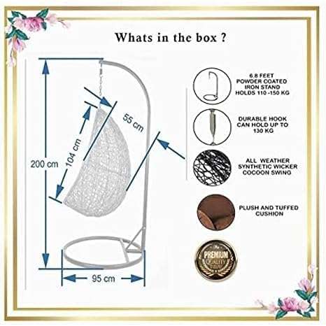 FLOOR DECOR Hammock Swing for Balcony Hanging Chair withoutout Stand Indoor Outdoor Jhula Heavy Strong 150 kg Capacity 1 Person Included Cushion (Brown) 4