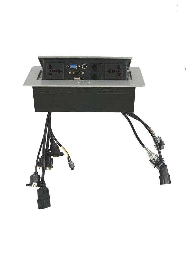ATEVON Hydraulic Popup Box for Conference Table with Desktop Socket HDMI VGA RJ45 USB 3.5MM Audio Port.(Silver) 3