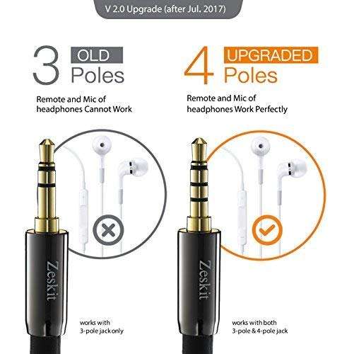 Zeskit Premium 3.5mm Jack Male to Female AUX Audio Extension Cable, TRRS 4 Poles for Headphones with Mic, Speakers - 6ft 4