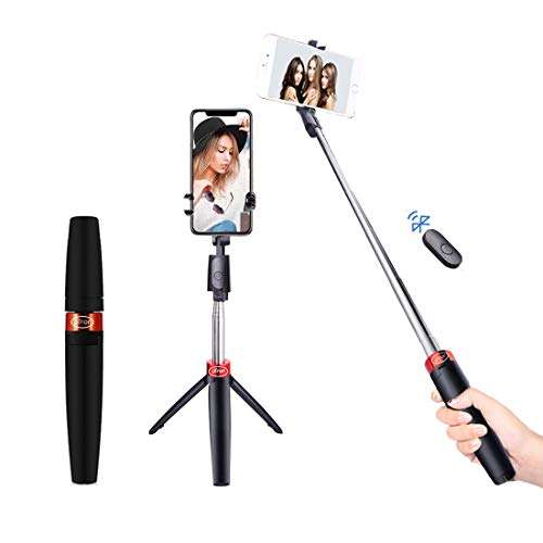 pTron Glam Plus Bluetooth Extendable Selfie Stick with Tripod Stand, Wireless Remote, 73cm Extended Length, Compatible with 6-8cm Width Phones & Replaceable Battery - (Black & Red) 1