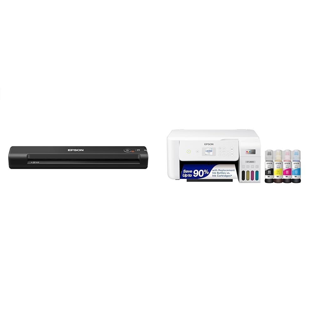 Epson Workforce ES-50 Portable Sheet-Fed Document Scanner for PC and Mac & EcoTank ET-2800 Wireless Color All-in-One Cartridge-Free Supertank Printer with Scan and Copy â€“ - White 1
