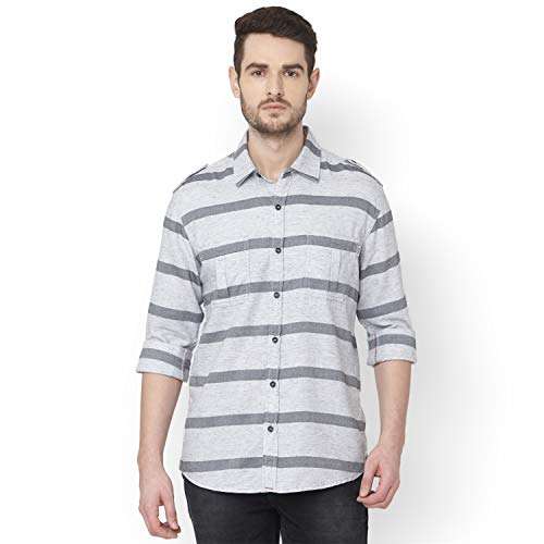 MUFTI Men's Striped Slim fit Casual Shirt (MFS-11188-K-18-GREY-L_Grey L) 1