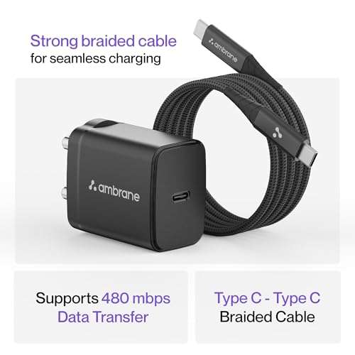 Ambrane 25W Type-C Mobile Charger Adapter with Type-C to Type-C Charging Cable | Fast Charging for Samsung Smartphones, iPhone 15/14/13/12/11/X & Pro Series & Other Type-C Devices (Charge 25, Black) 5