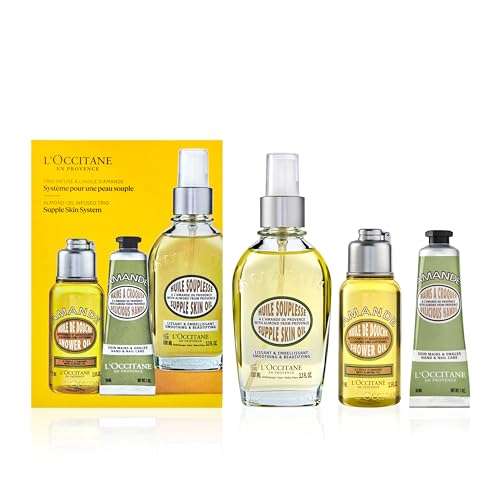 L'Occitane Supple Skin System: Hydrate & Soften, Almond Oil Infused Trio Featuring Almond Supple Skin Oil, Almond Shower Oil, and Almond Delicious Hand & Nail Care Lotion, Bath and Body Gift Set 1