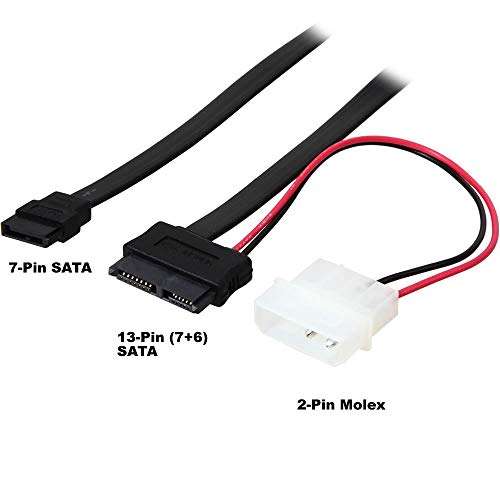 AYA 20" (20-Inch) Slimline SATA 13-Pin (7+6) to SATA 7-Pin with Molex Power Adapter 2