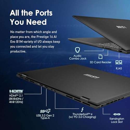 MSI Prestige 16 AI Evo Laptop, Intel Ultra 7-155H, 16" QHD+ Ultra Thin Professional Laptop, 32 GB DDR5, 1 TB SSD, ARC Graphics, Backlit Keyboard, WiFi 7, with Windows 11 Pro & Office Lifetime License 5