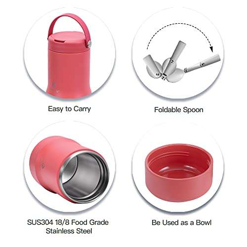 Ideus Soup Thermo with Foldable Spoon and Bowl 20oz, All-in-one Insulated Bento Lunchbox Stainless Steel Leakproof Portable Soup Container Vacuum Thermal Food Jar for Lunch, Red 3