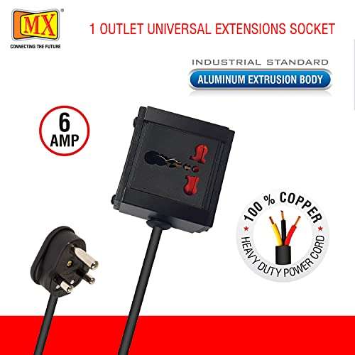 MX Extension Board Single Outlet 1800W 6/16 AMP Socket to 6 AMP Plug with Heavy Duty (0.75 Sq.mm ISI Marked) Power Cord 3 mtr with Child Safety Shutter & Flame Retardent Body (Black)- MX 4219 4