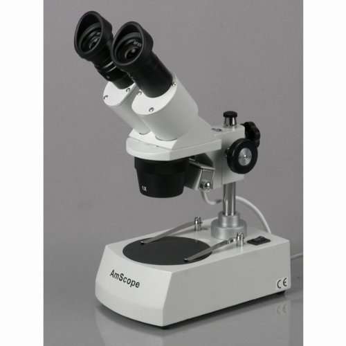 AmScope SE305R-PZ Forward Binocular Stereo Microscope, WF10x and WF20x Eyepieces, 10X-60X Magnification, 1X and 3X Objectives, Upper and Lower Halogen Light Source, Pillar Stand, 120V , White 2