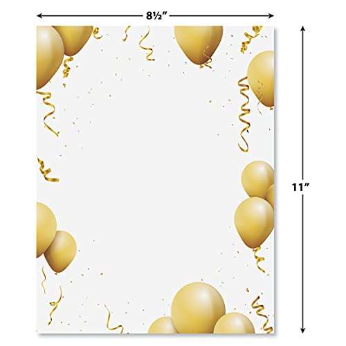 Gold Balloons Birthday Party Letter Papers -25 Sheets of Colorful, One-Sided Framed Letter Paper for Newsletters, Announcements, and Invitations 2