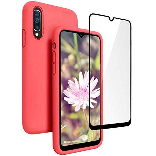 Vinve for Samsung Galaxy A50 Case with Tempered Glass Screen Protector [2 Pack], Liquid Silicone Slim Fit Drop Protection Case for Galaxy A50 (Red) 1